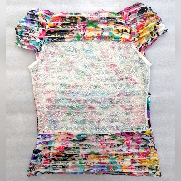 Y2k style white lace back multi color tiered layered cuffed sleeve top Small - Picture 1 of 10